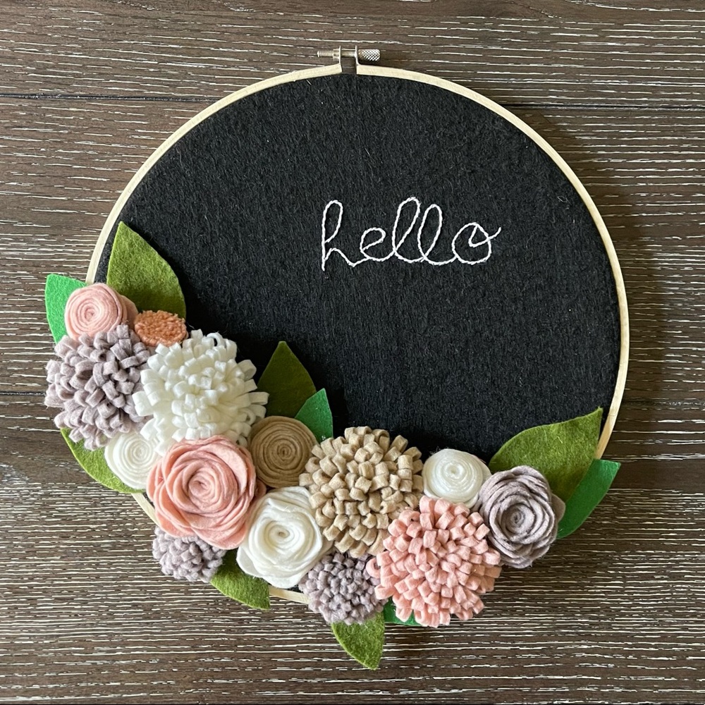 New Lg “Hello” Floral Hoop Art Decor-Pink